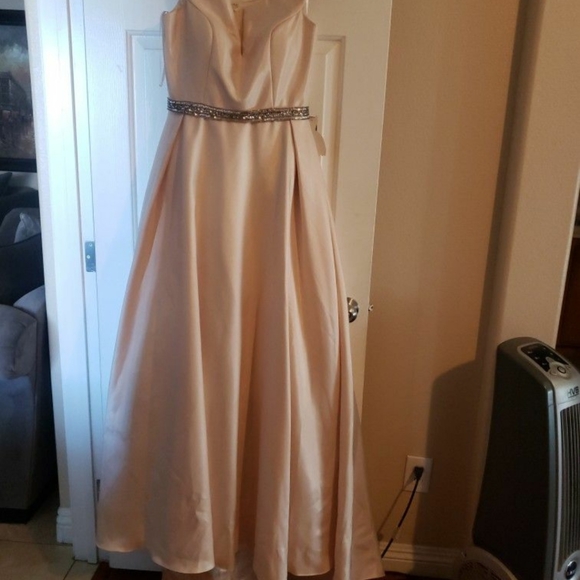 Peaches of Chicago Beautiful Satin Dress with Silver Metallic Trim around waist - Picture 2 of 5